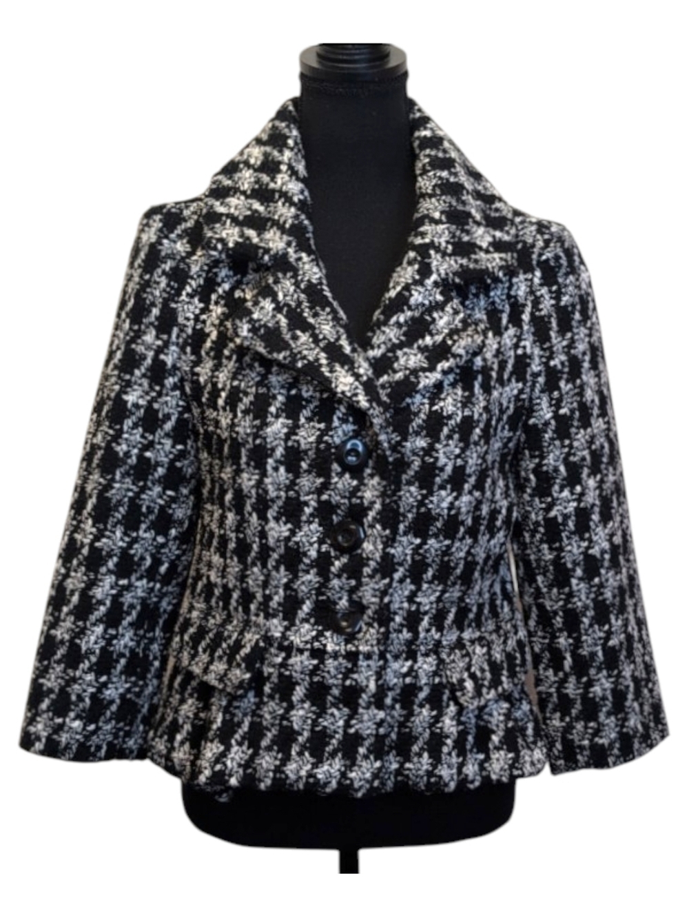 LAL Live A Little Black And White Tweed Houndstooth Peplum Wool Blend Jacket S